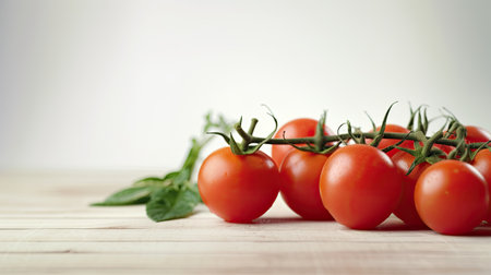 tomatoes and basil on a wooden table, shallow depth of fieldの素材