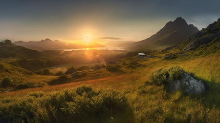 Sunset over the mountains in summer. Panoramic view.の素材