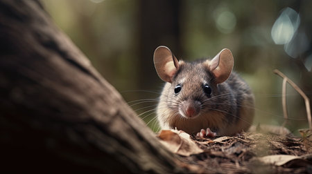Close up of a brown mouse sitting on a branch in the forestの素材
