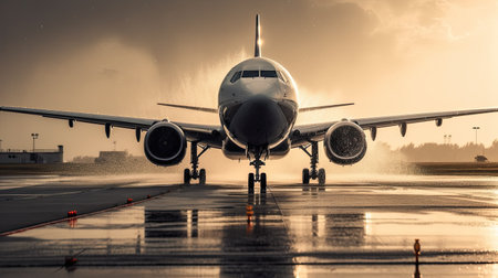 Airplane on the runway at the airport in a cloudy day.の素材