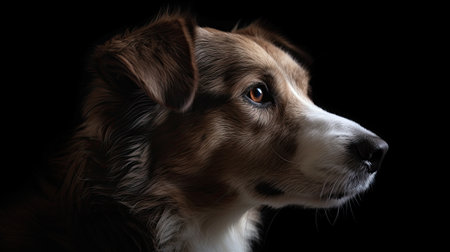 Portrait of a cute Australian Shepherd dog on a black background.の素材