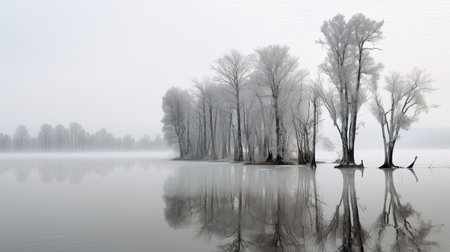 Trees on the shore of a foggy lake in winter.の素材