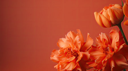 bouquet of orange tulips on a red background with space for textの素材