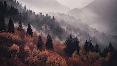Foggy autumn landscape in the mountains with colorful trees and fogの素材