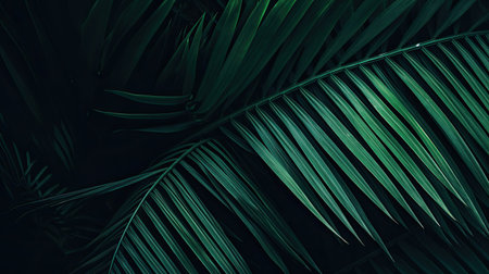 Green palm leaves on dark background. Minimal tropic concept.の素材