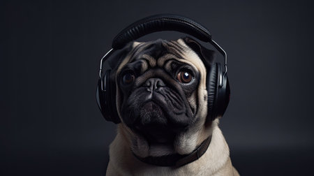 Cute pug dog with headphones listening to music on dark backgroundの素材
