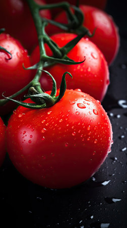 Fresh cherry tomatoes with water drops on a black background. Selective focus.の素材