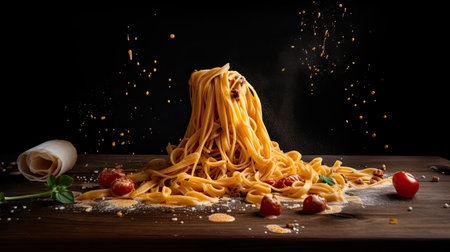 Spaghetti pasta with flying ingredients on a wooden board and black backgroundの素材