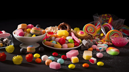 candies with jelly and sugar. colorful array of different childs sweets and treatsの素材