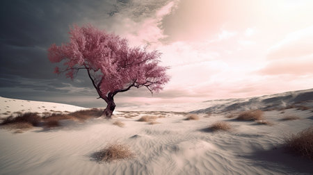 Alone tree in the desert at sunset. 3D Renderingの素材