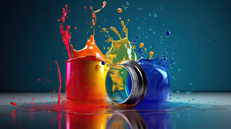 Colorful paint splashing out of a paint can. 3d renderingの素材