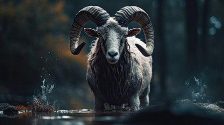 Mouflon drinking water from a pond in a dark forest.の素材
