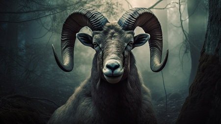 Mouflon in a dark forest. 3d render illustration.の素材