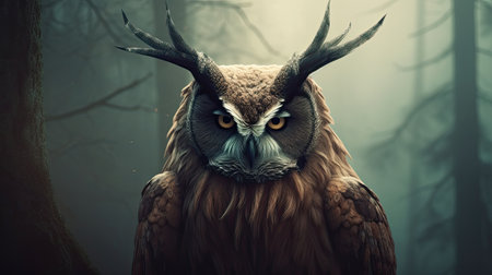 Owl in a foggy forest. Halloween concept. 3D Renderingの素材