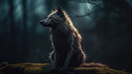 A wolf in the dark forest. Dramatic scene. Toned.の素材
