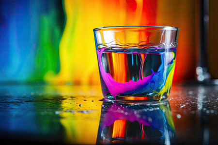 Colorful still life with glass of water and reflection on dark backgroundの素材