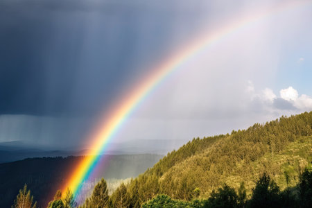 Rainbow over the forest in the Carpathian Mountains, Ukraineの素材