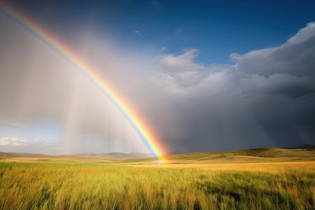 Rainbow over the prairie in Yellowstone National Park, Wyoming.の素材