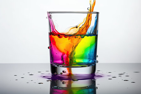 Colorful splashing into a glass of water on a white backgroundの素材