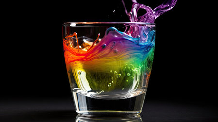 Colorful splashes in a glass on a black background. Studio shotの素材