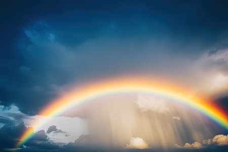 Rainbow in the sky with clouds and sun rays. Nature backgroundの素材
