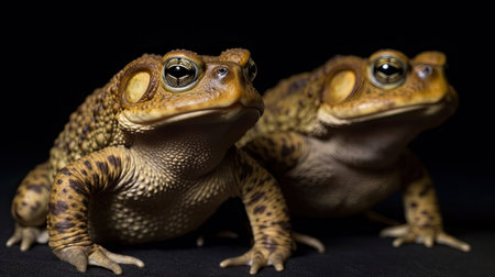 Two brown toad on a black background. Close-up.の素材