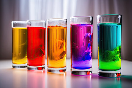 Colorful liquid in shot glasses on a white table, close-upの素材