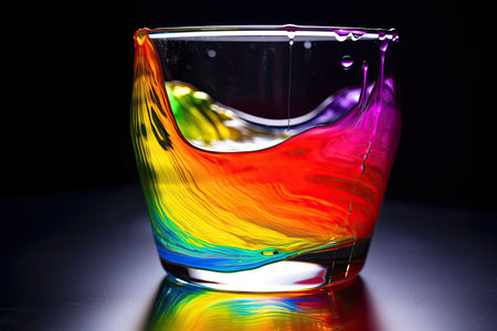 Colorful liquid in a glass with reflection on a black background.の素材