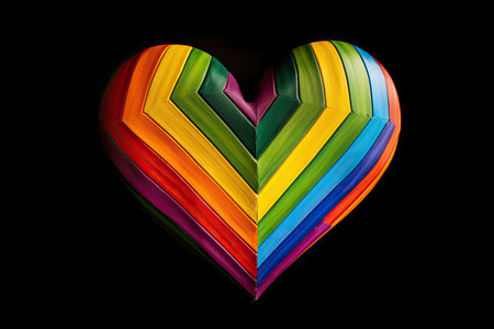 Rainbow heart on a black background. 3d illustration. Copy space.の素材