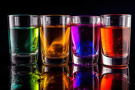 Colorful shot glasses on a black background. Alcoholic drinks.の素材