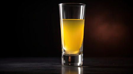 Whiskey in a shot glass on a dark background with yellow lightの素材