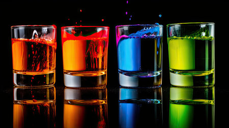 Colorful shot glasses on a black background. Alcoholic drinks.の素材