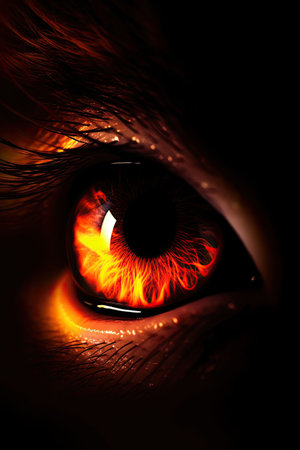Close-up of human eye with fire in it, conceptual imageの素材