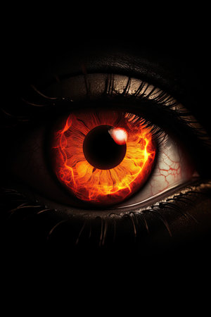 Eye of a woman with fire in it, close-up.の素材