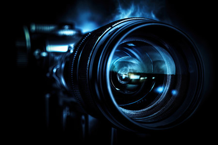 Camera lens with reflection on black background. 3d rendering and illustration.の素材