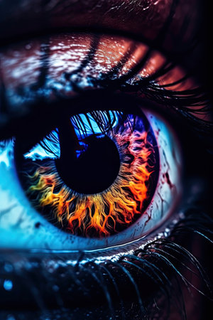 Close-up of human eye with fire. Conceptual image.の素材