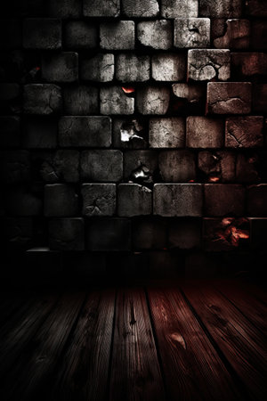Dark room with brick wall and wooden floor, grunge background.の素材