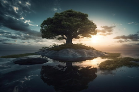 Lonely tree on the island at sunset. 3d renderの素材