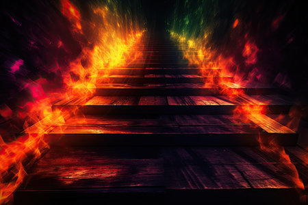 Conceptual image of a stairway leading to a bright fireの素材