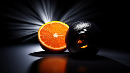 Orange fruit and oil bottle on black background. 3d illustration.の素材