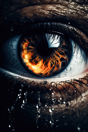 Close up of human eye with fire and water drops. 3D renderingの素材