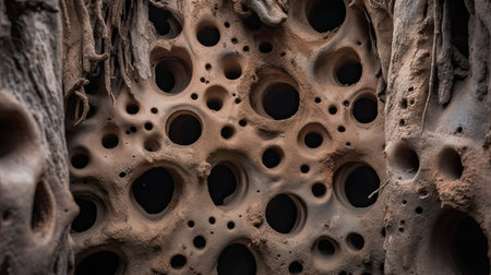 Close-up of a stone wall with holes in the form of a circleの素材
