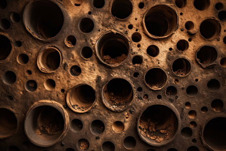 Close up of round holes in stone wall. Abstract background and texture for design.の素材