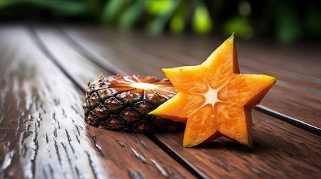 Star fruit on wooden table background. Healthy eating and dieting concept.の素材