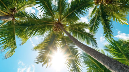 Coconut palm tree on blue sky background with sun rays.の素材
