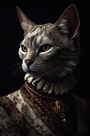 Portrait of a cat in a collar on a black background.の素材