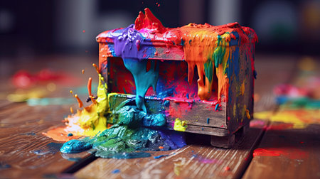 Colorful paint splashes and wooden box on wooden table background.の素材