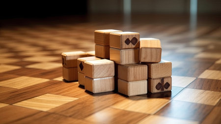 Wooden blocks on a chessboard. The concept of business strategy.の素材
