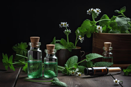 Essential oil with mint and chamomile on wooden tableの素材