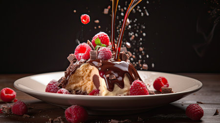 Chocolate ice cream with fresh raspberries and chocolate sauce.の素材